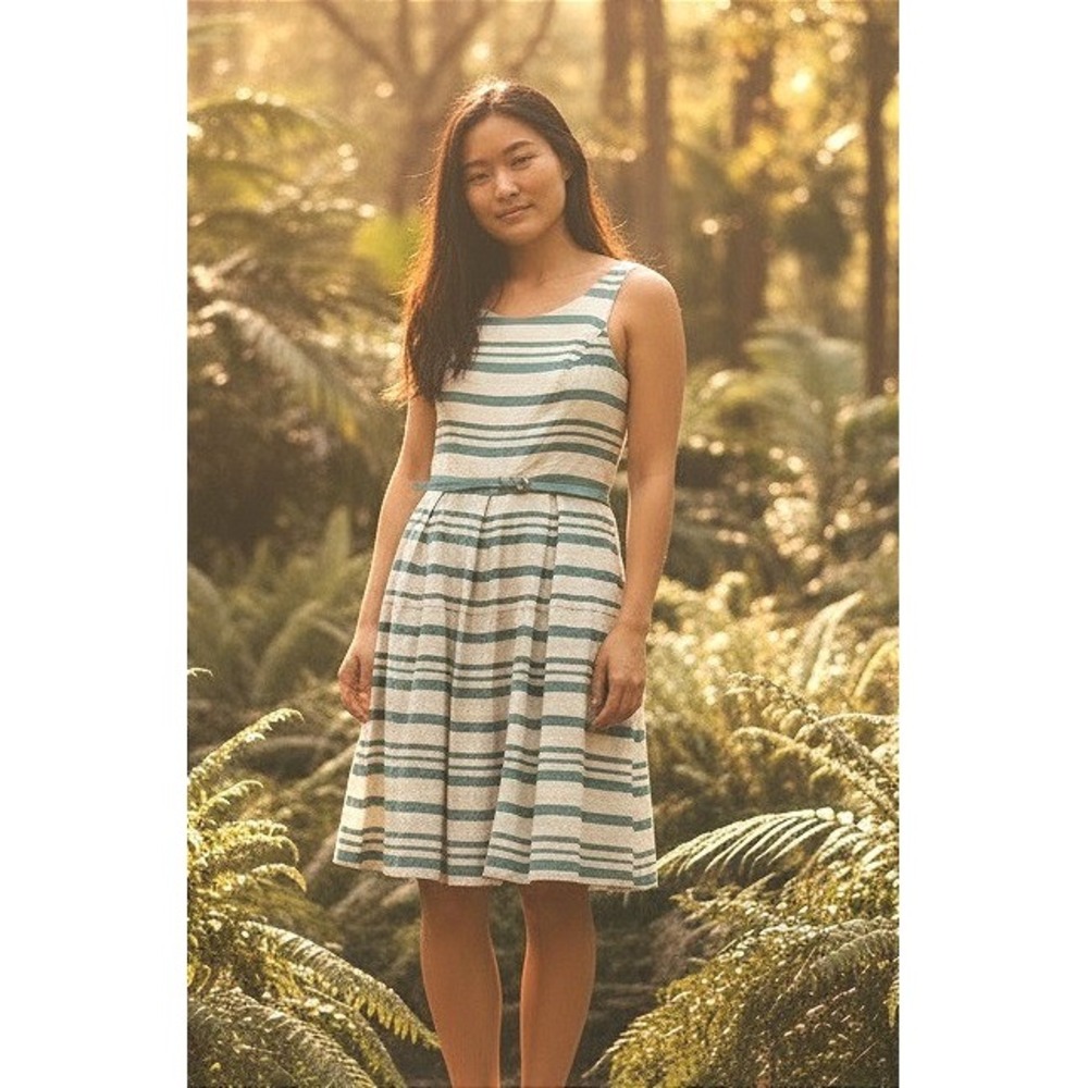 J Howard Teal Cream Striped Sleeveless Belted Fit Flare Dress Womens 14 Nautical